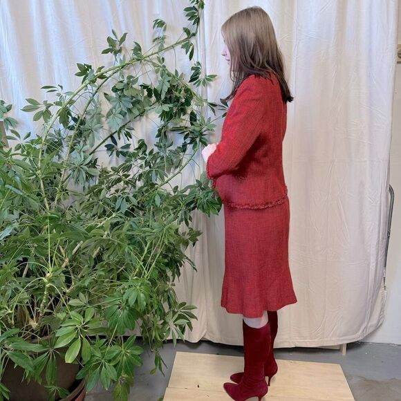 Vintage 90s Kasper Red-Orange Fringed Tweed Blazer & Skirt Suit Set, Size Medium - Picture 3 of 11